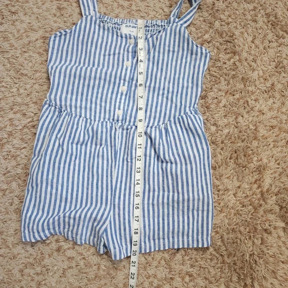 Old Navy Romper Kids XL 14-16 Blue White Striped Linen Blend Smocked Back Pocket